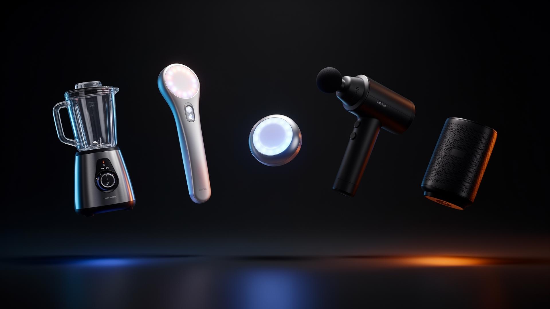 Premium lifestyle products floating in cinematic dark environment